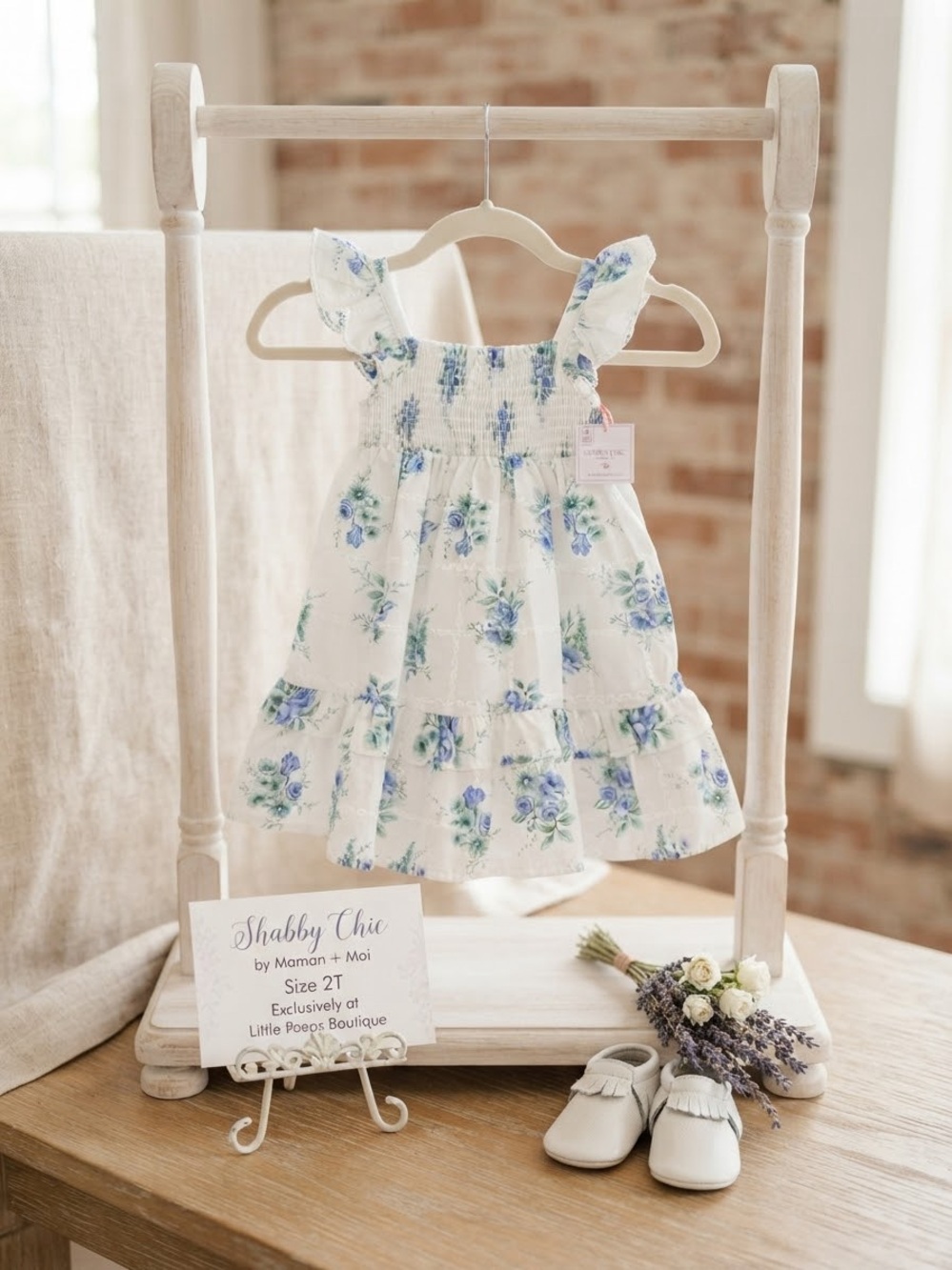 Shabby Chic White Dress with Blue and Green Floral Print